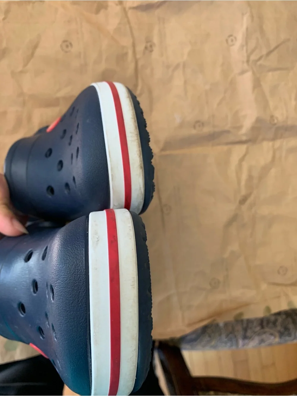 Youth Navy Crocs Clogs with Red Trim - Lightweight Kids Shoes